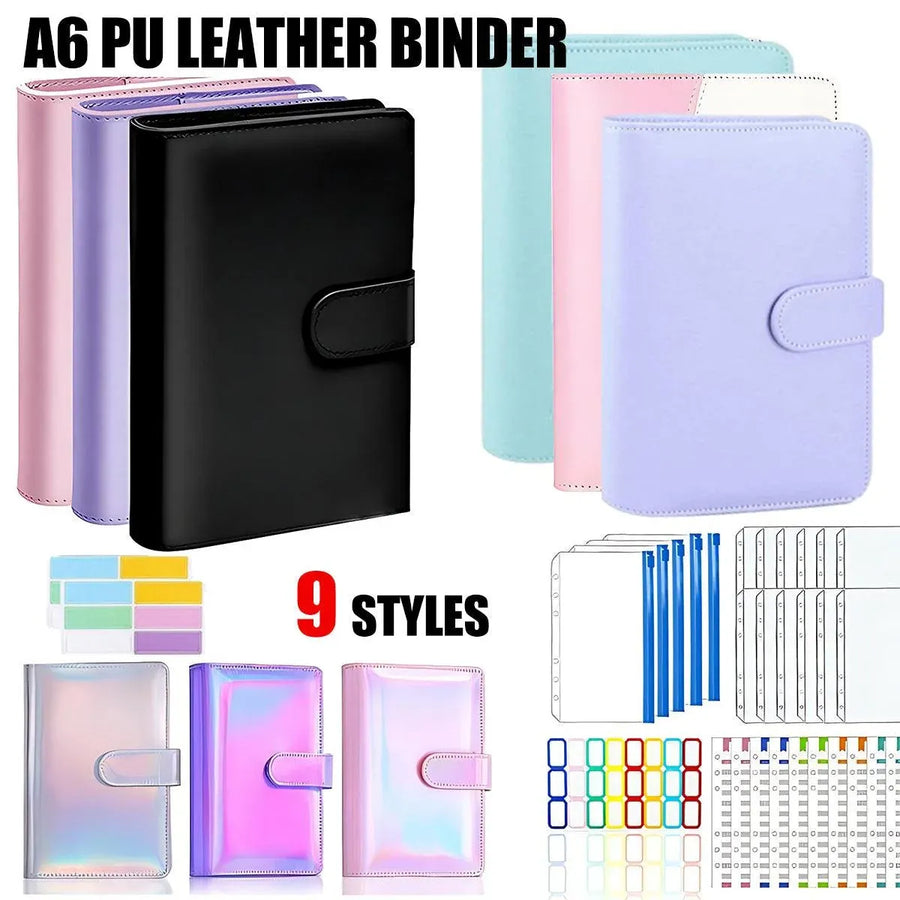 A6 Pu Leather Binder Pockets Cash Envelope Planner Notebooks - Light Purple