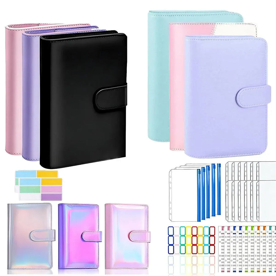 A6 Pu Leather Binder Pockets Cash Envelope Planner Notebooks - Light Purple