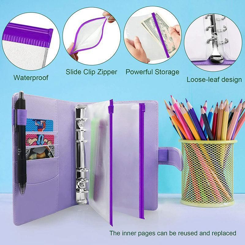 A6 Pu Leather Binder Pockets Cash Envelope Planner Notebooks - Laser Silver