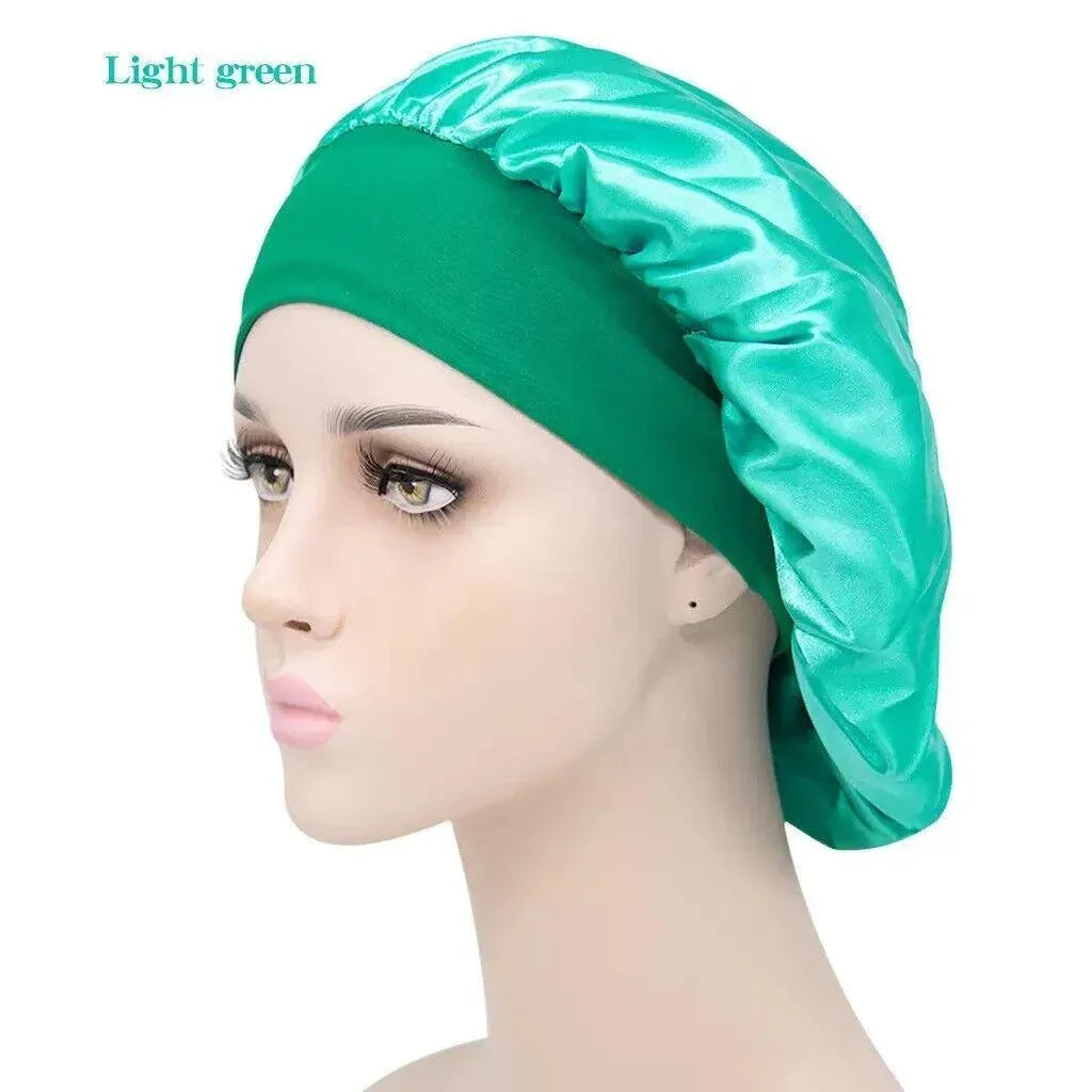Sleeping Bonnet Hair Wrap Silk Satin Cap Women Elastic Night Soft Hat Headwear - Light green
