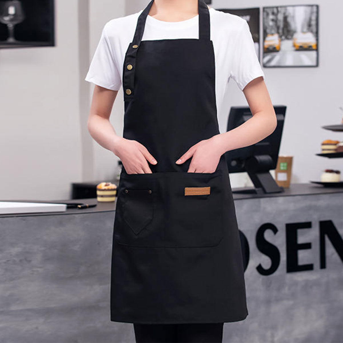 Adjustable Work Apron Neck Strap Waist Tie Kitchen Cooking Bib Apron Men Women - Black