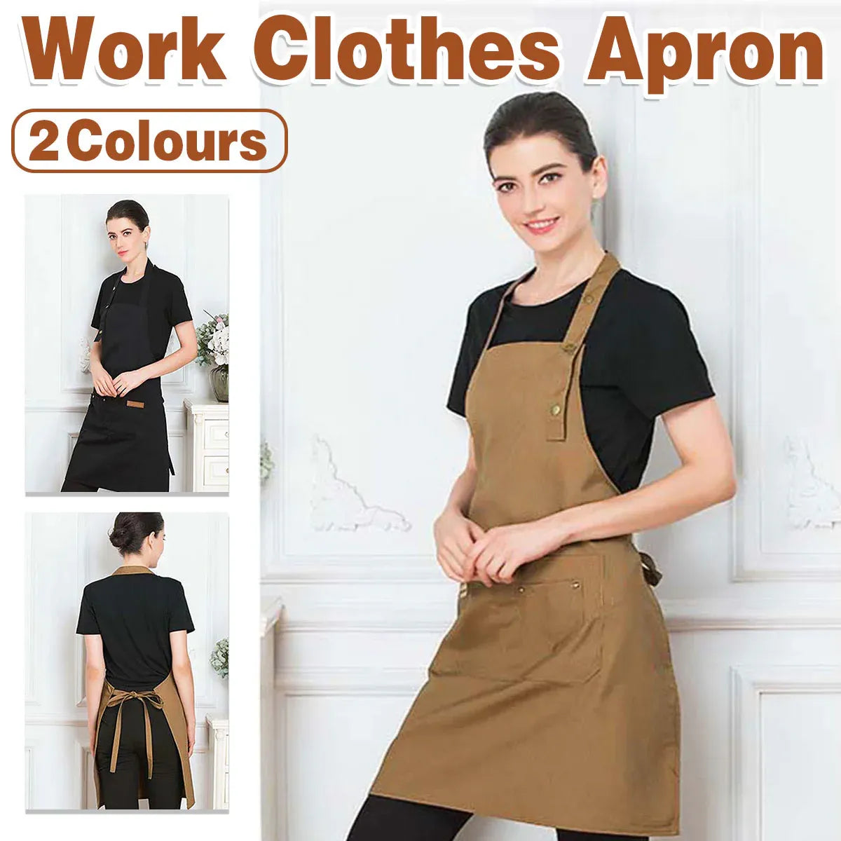 Adjustable Work Apron Neck Strap Waist Tie Kitchen Cooking Bib Apron Men Women - Brown