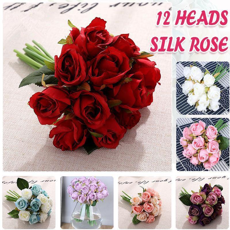 12 Heads Silk Rose Artificial Flowers Fake Bouquet - Purple