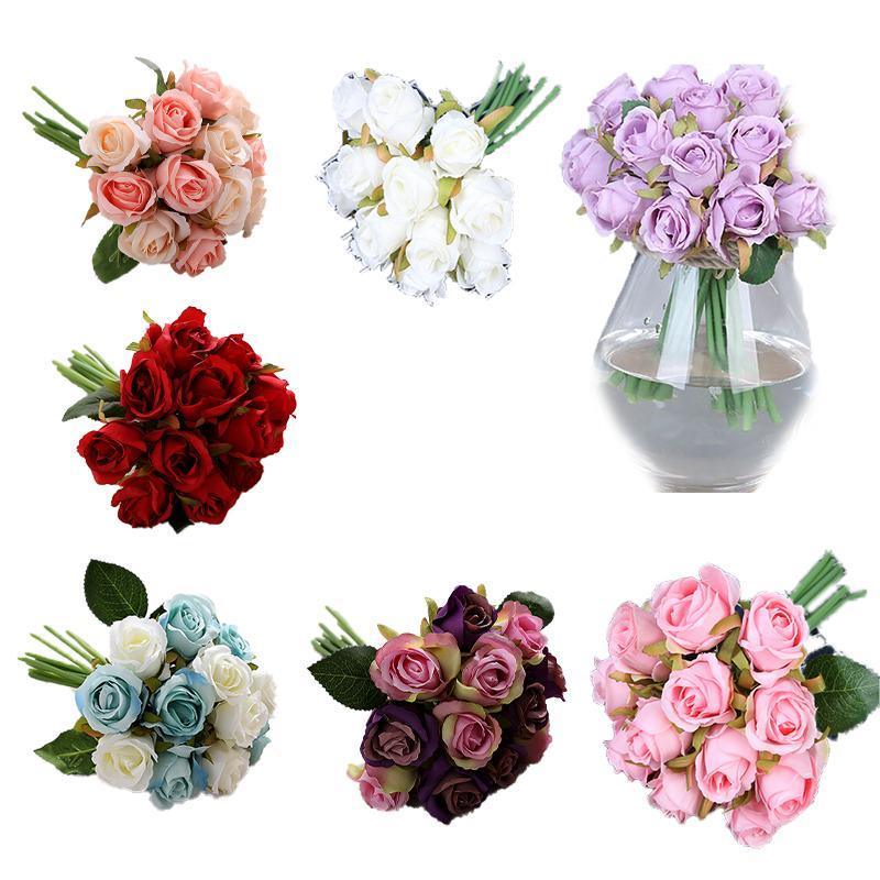 12 Heads Silk Rose Artificial Flowers Fake Bouquet - Purple