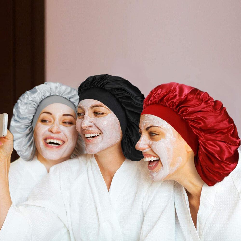 Sleeping Bonnet Hair Wrap Silk Satin Cap Women Elastic Night Soft Hat Headwear - White
