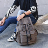 Unisex Retro Rucksack Large Capacity Travel Bag Leisure Backpack Schoolbag - Khaki - Rear View