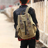 Unisex Retro Rucksack Large Capacity Travel Bag Leisure Backpack Schoolbag - Khaki - Close-Up Angle
