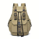 Unisex Retro Rucksack Large Capacity Travel Bag Leisure Backpack Schoolbag - Khaki - Close-Up Angle
