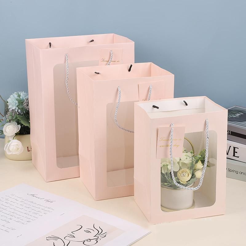 25x Thick Gift Bags with Transparent Window for Valentines Day Bouquets and Gift - Tote-Bag-25pcs-Red-18-13-25cm
