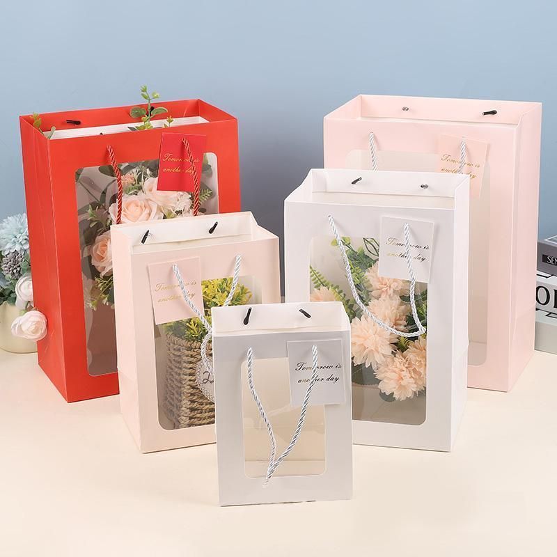 25x Thick Gift Bags with Transparent Window for Valentines Day Bouquets and Gift - Tote-Bag-25pcs-Red-18-13-25cm