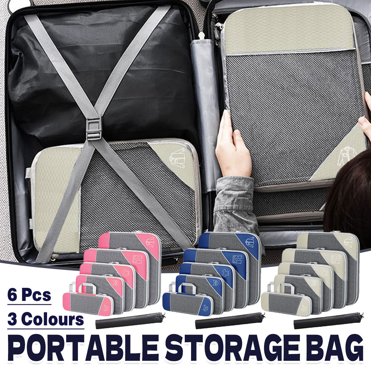 6PCS Compression Packing Cubes Expandable Luggage Storage Bag Travel Packing Bag - Navy