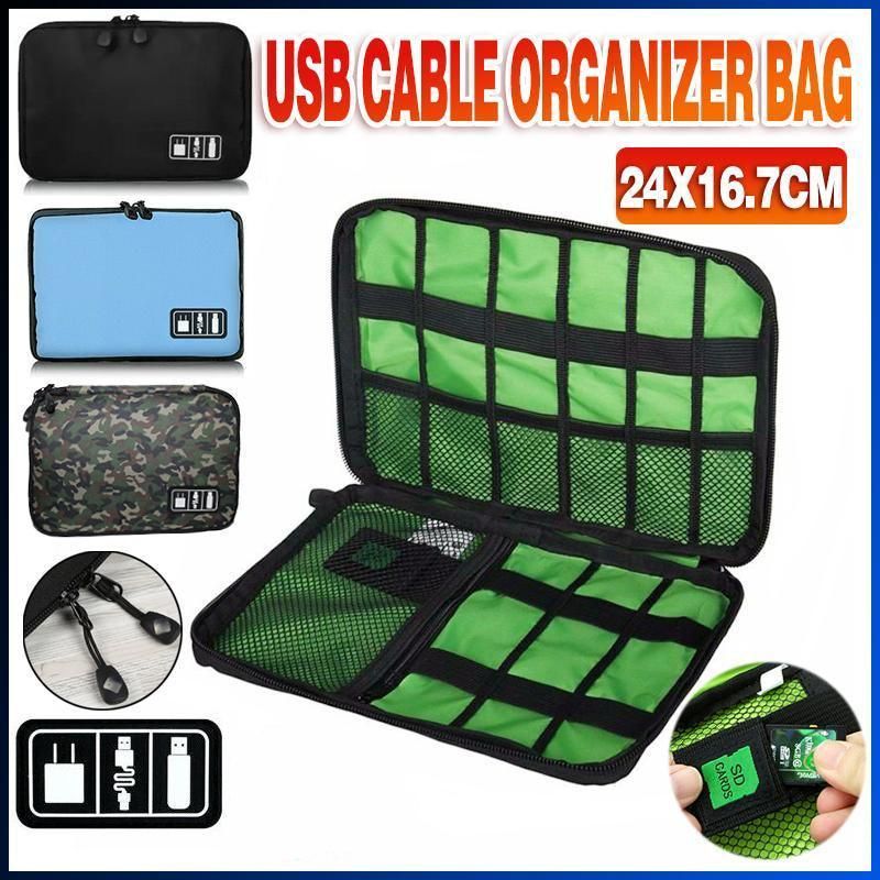 Electronic Accessories Storage USB Cable Organizer Bag Case Drive Travel Insert - Army
