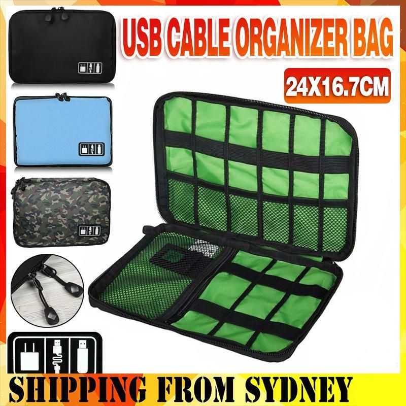 Electronic Accessories Storage USB Cable Organizer Bag Case Drive Travel Insert - Army