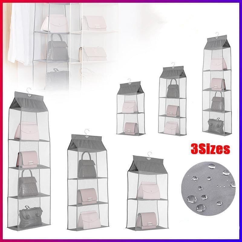 Grey Bag Storage Holder Wardrobe Closet Hanging Handbag Organizer 2/3/4 Pockets Shelf - 2 Layers