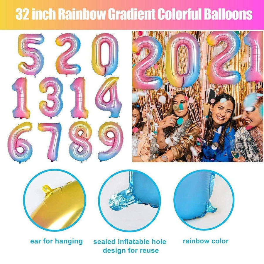 32 Inch Number Foil Balloons Party Decor Rainbow Gradient for Birthday or Events - Colour-1