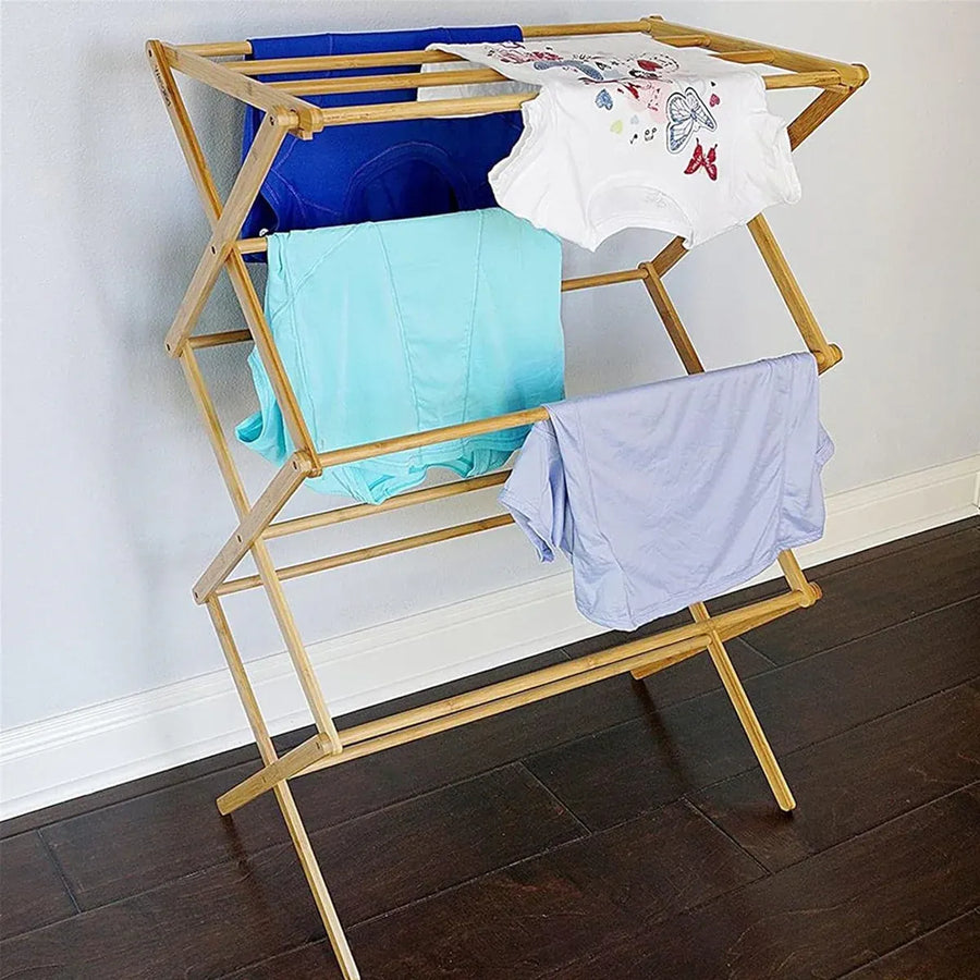 Bamboo Clothes Drying Rack Folding Floor Stand Indoor Vertical Laundry Hanger