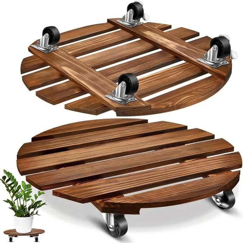 Wooden Round Universal Wheel Planter Base Tray Mobile Planter Stand for Garden