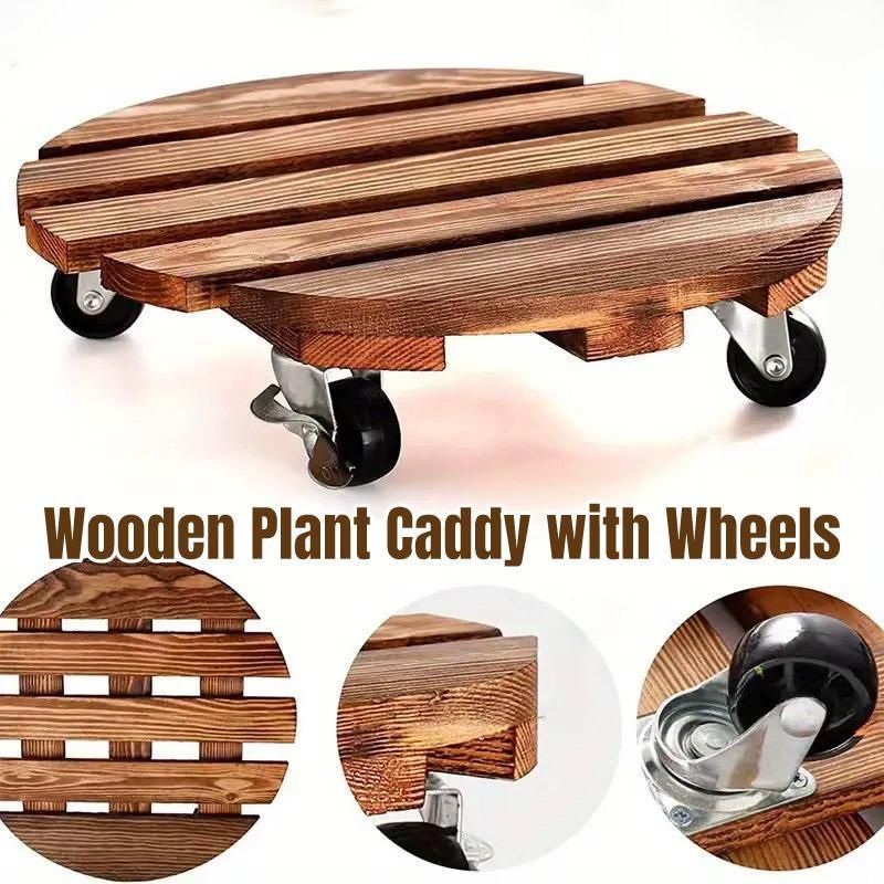 Wooden Round Universal Wheel Planter Base Tray Mobile Planter Stand for Garden