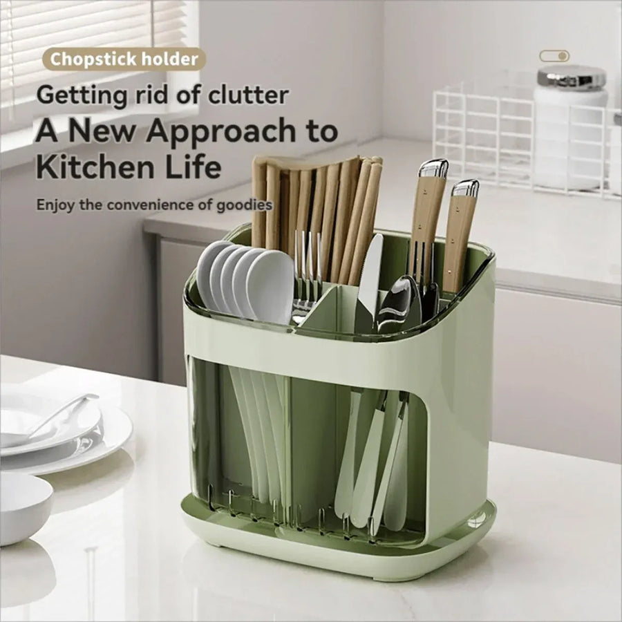 Wall Mounted Kitchen Chopsticks Storage Rack Drain Basket Holder Organizer Box - Green