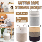 Woven Cotton Rope Storage Basket Foldable Laundry Bin Bamboo Clothes Organizer - Khaki Black