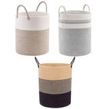 Woven Cotton Rope Storage Basket Foldable Laundry Bin Bamboo Clothes Organizer - Khaki Black - Front View