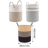 Woven Cotton Rope Storage Basket Foldable Laundry Bin Bamboo Clothes Organizer - Khaki Black