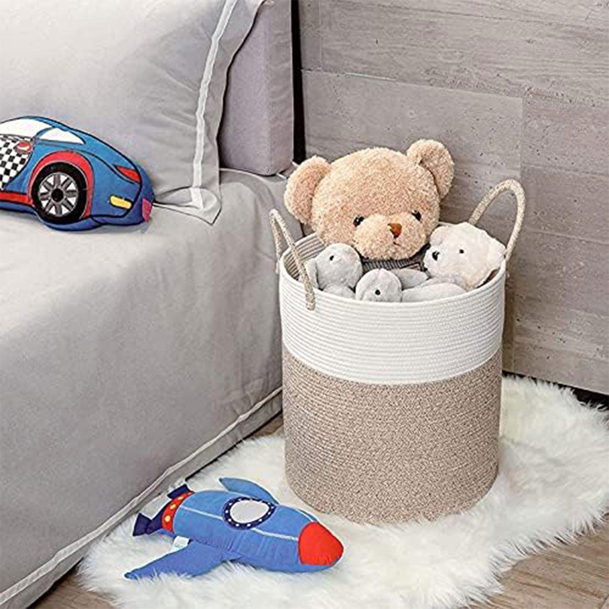 Woven Cotton Rope Storage Basket Foldable Laundry Bin Bamboo Clothes Organizer - Khaki Black