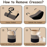 Woven Cotton Rope Storage Basket Foldable Laundry Bin Bamboo Clothes Organizer - Khaki Black - 45-Degree Angle