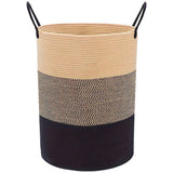 Woven Cotton Rope Storage Basket Foldable Laundry Bin Bamboo Clothes Organizer - Khaki Black - Low Angle