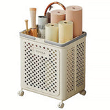 Folding Laundry Basket with Wheel Large Capacity Removable Dirty Clothes Storage - Beige-M - Rear View