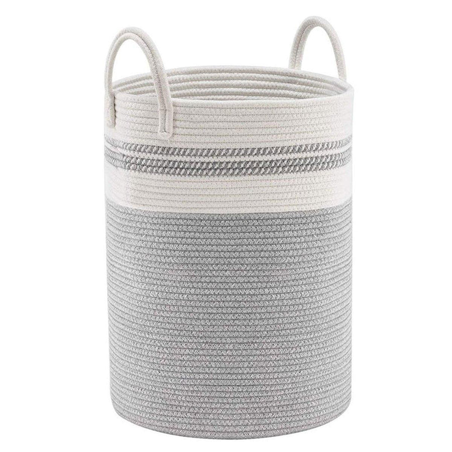 Woven Cotton Rope Storage Basket Foldable Laundry Bin Bamboo Clothes Organizer - White Brown