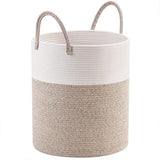 Woven Cotton Rope Storage Basket Foldable Laundry Bin Bamboo Clothes Organizer - White Brown - Close-Up Angle