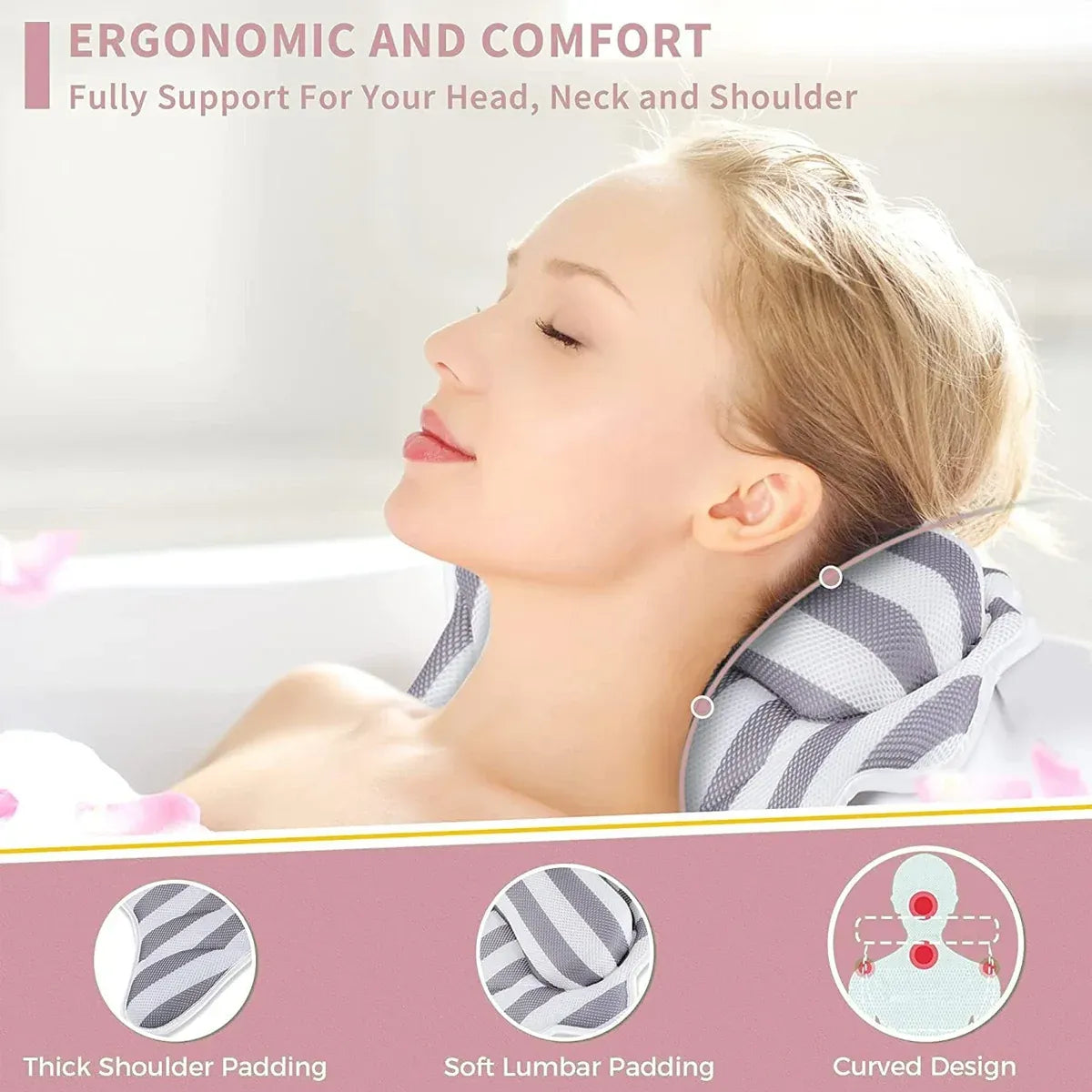 Bath Pillow Non Slip Comfortable Luxury for Bathroom Spa Relaxation