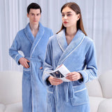 Flannel Bathrobe Set Autumn Winter Coral Fleece Nightgown for Men and Women Warm - Grey - Close-Up Angle