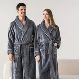 Flannel Bathrobe Set Autumn Winter Coral Fleece Nightgown for Men and Women Warm - Grey - Extra Image