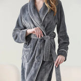 Flannel Bathrobe Set Autumn Winter Coral Fleece Nightgown for Men and Women Warm - Grey - Extra Image