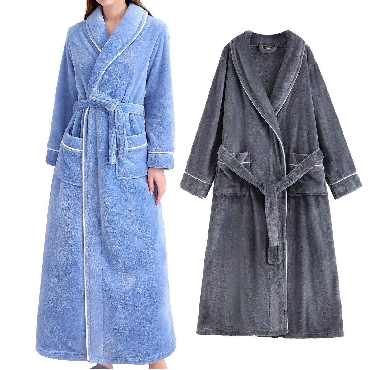 Flannel Bathrobe Set Autumn Winter Coral Fleece Nightgown for Men and Women Warm - Grey