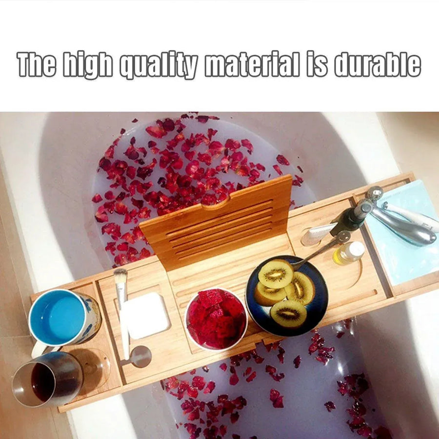 Bathroom Bamboo Bath Caddy Wine Glass Holder Table Tray Bathtub Rack Soap Shelf