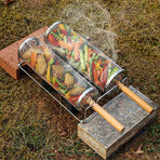 2PCS Rolling BBQ Cage Rotisserie Basket Tube Grill BBQ Cooking Accessories