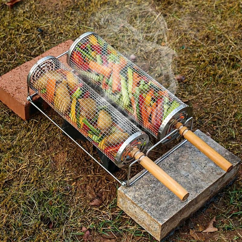 2PCS Rolling BBQ Cage Rotisserie Basket Tube Grill BBQ Cooking Accessories