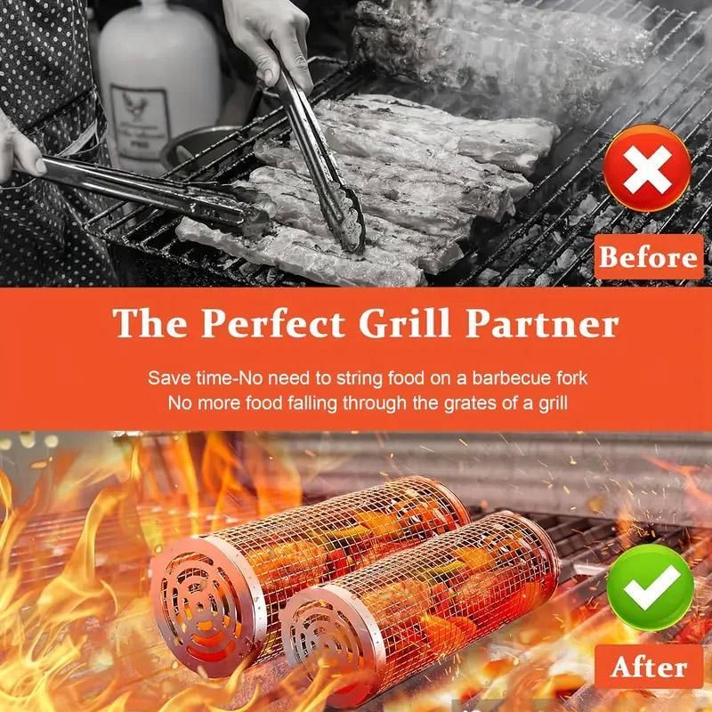 2PCS Rolling BBQ Cage Rotisserie Basket Tube Grill BBQ Cooking Accessories
