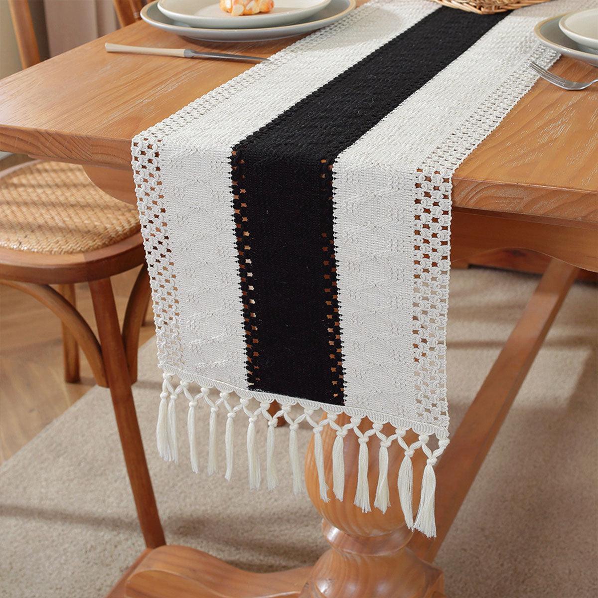 Cotton Linen Table Runner with Knot Tassel Bed End Towel Long Tablecloth Mat - Black