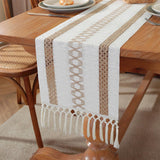 Cotton Linen Table Runner with Knot Tassel Bed End Towel Long Tablecloth Mat - Light brown - Side View
