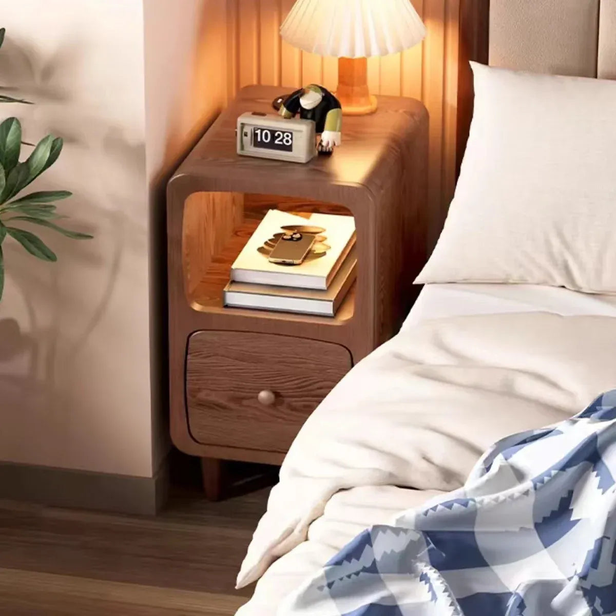 Wood Mini Bedside Table with Drawer and Shelf Compact Space Saving