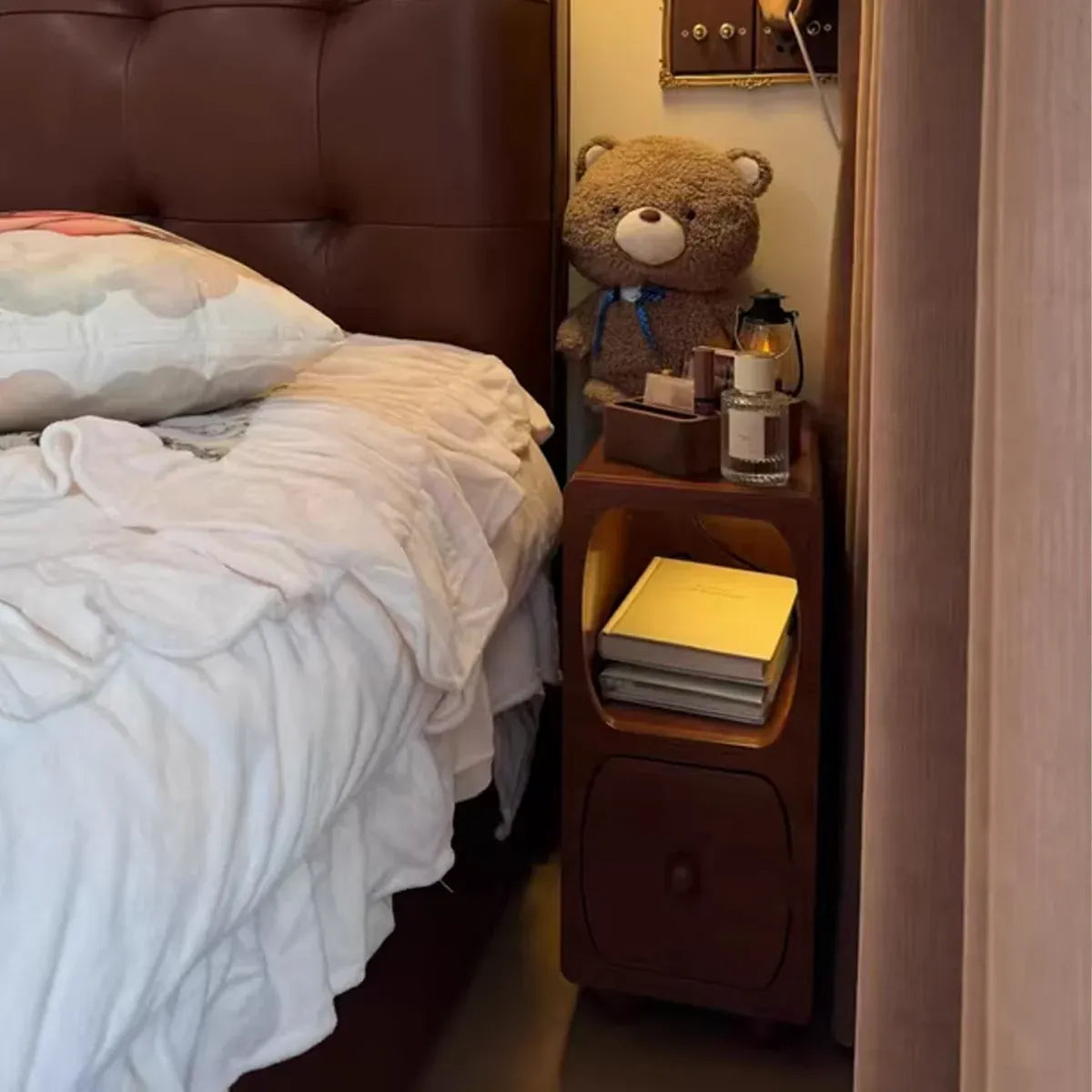 Wood Mini Bedside Table with Drawer and Shelf Compact Space Saving