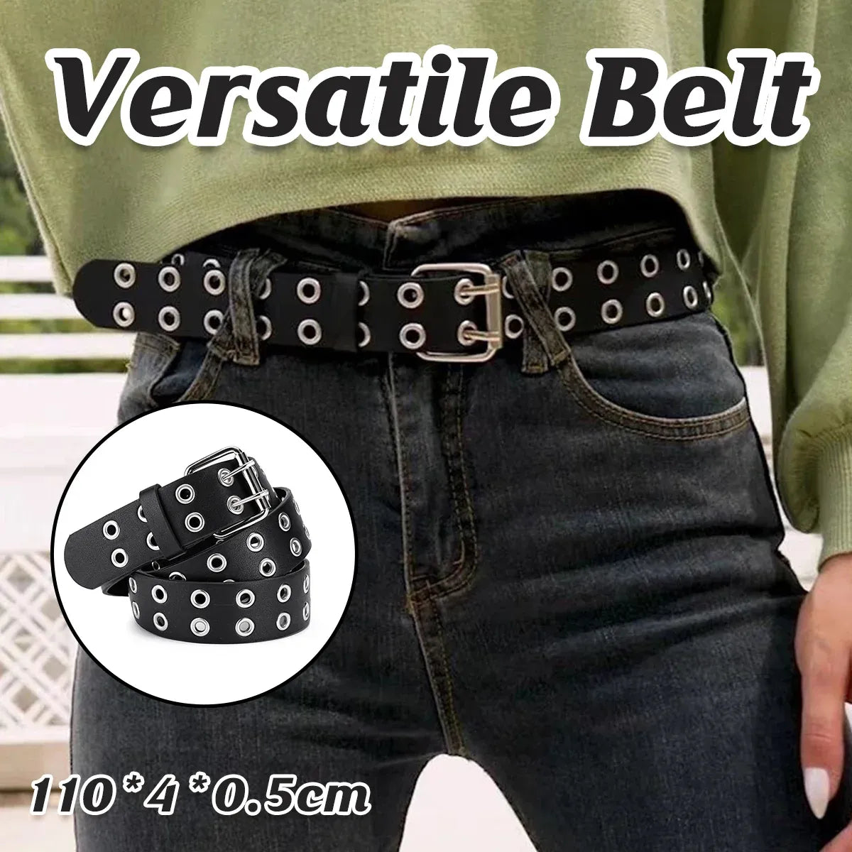Double Grommet Holes Lether Belt 2-Row Studded For Women Men Punk Belts Use
