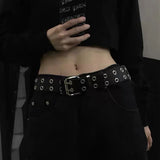 Double Grommet Holes Lether Belt 2-Row Studded For Women Men Punk Belts Use - Rear View