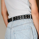 Double Grommet Holes Lether Belt 2-Row Studded For Women Men Punk Belts Use - Low Angle