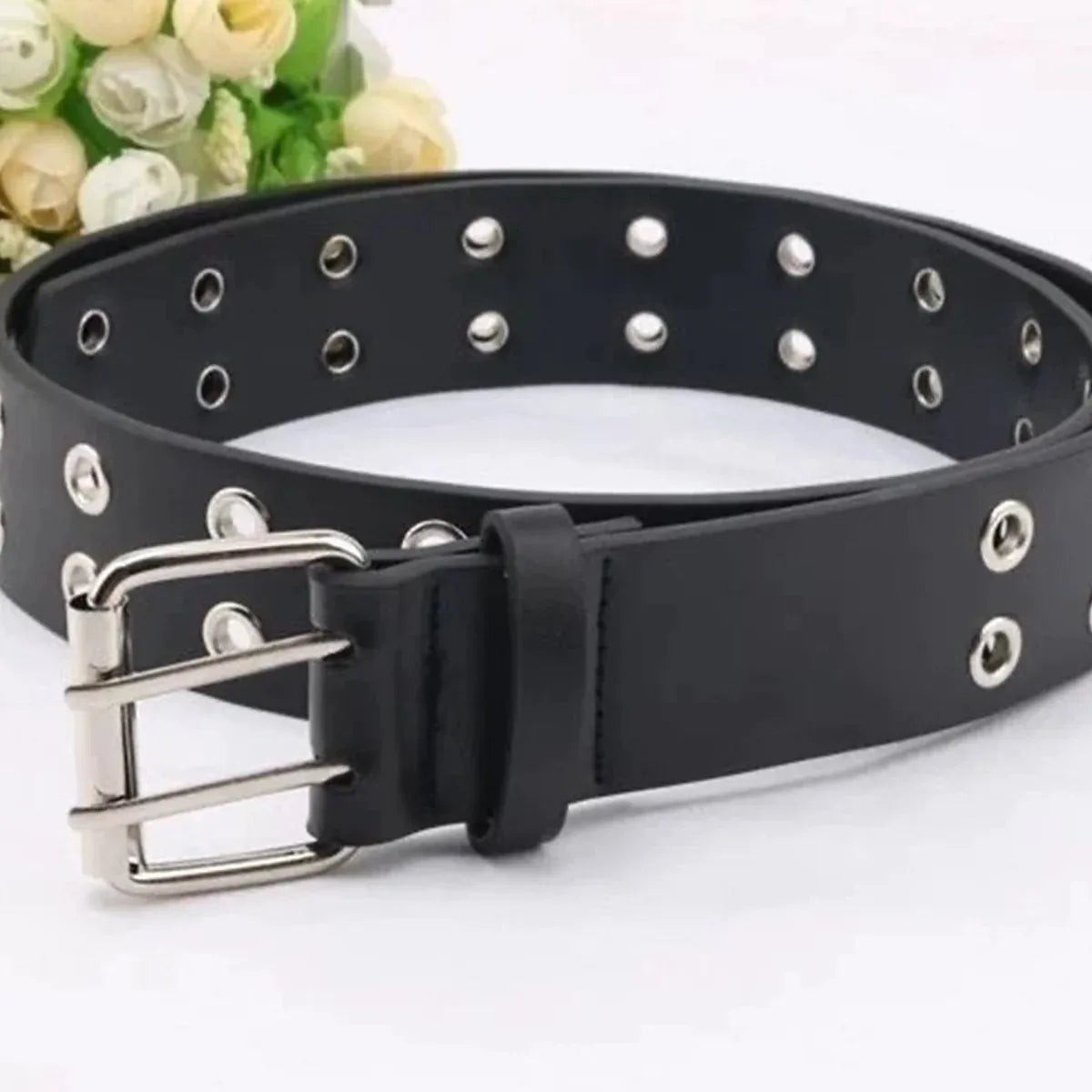 Double Grommet Holes Lether Belt 2-Row Studded For Women Men Punk Belts Use