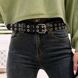 Double Grommet Holes Lether Belt 2-Row Studded For Women Men Punk Belts Use - Extra Image